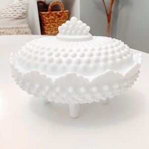 Vintage Fenton Milk Glass Hobnail Footed Oval Lidded Candy Bowl